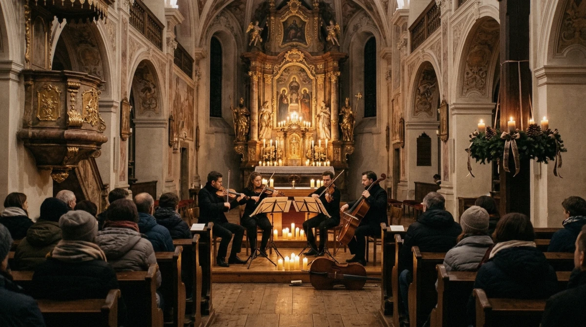 A string quartet playing by candlelight in a baroque church during Advent