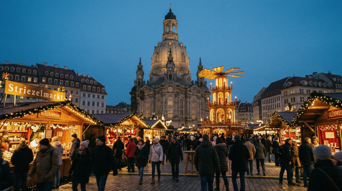The Frauenkirche dome in Dresden behind lit Christmas market stalls and a wooden Christmas pyramid at dusk