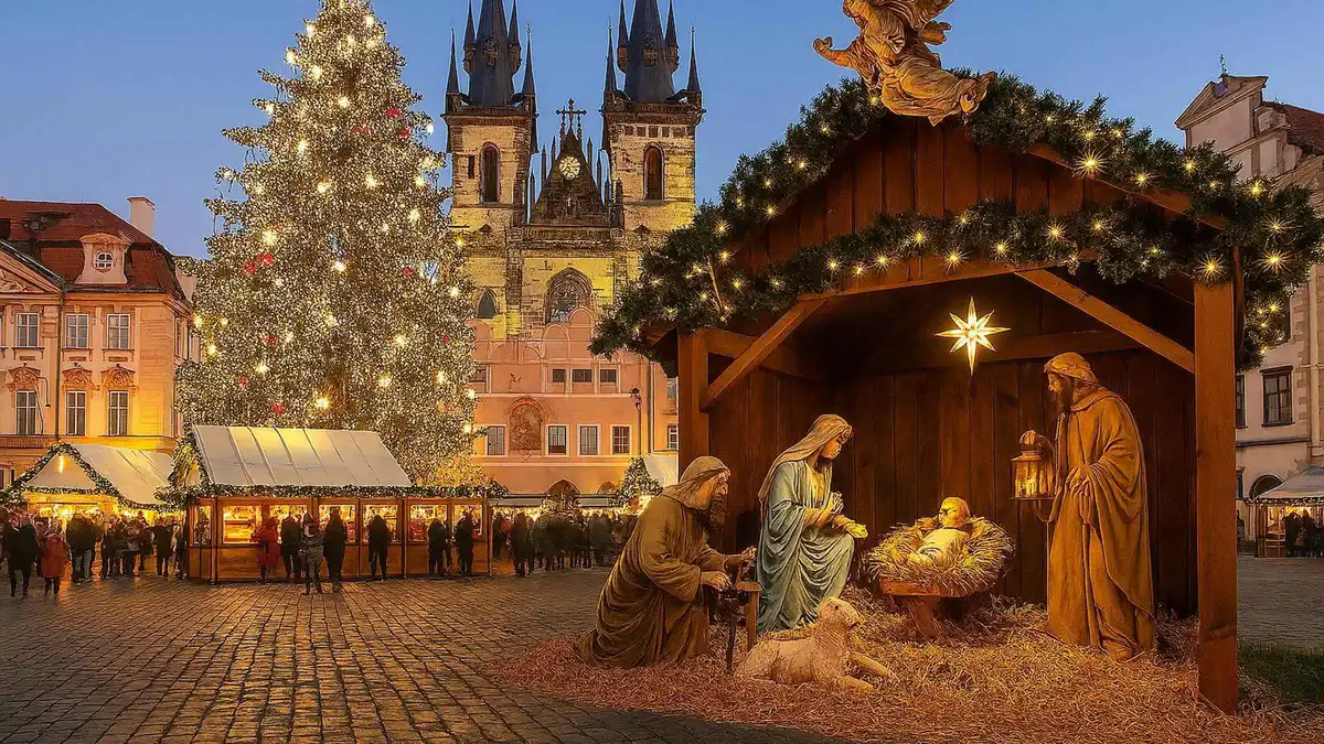 Old Town Prague street with Christmas lights and a guide leading a small group