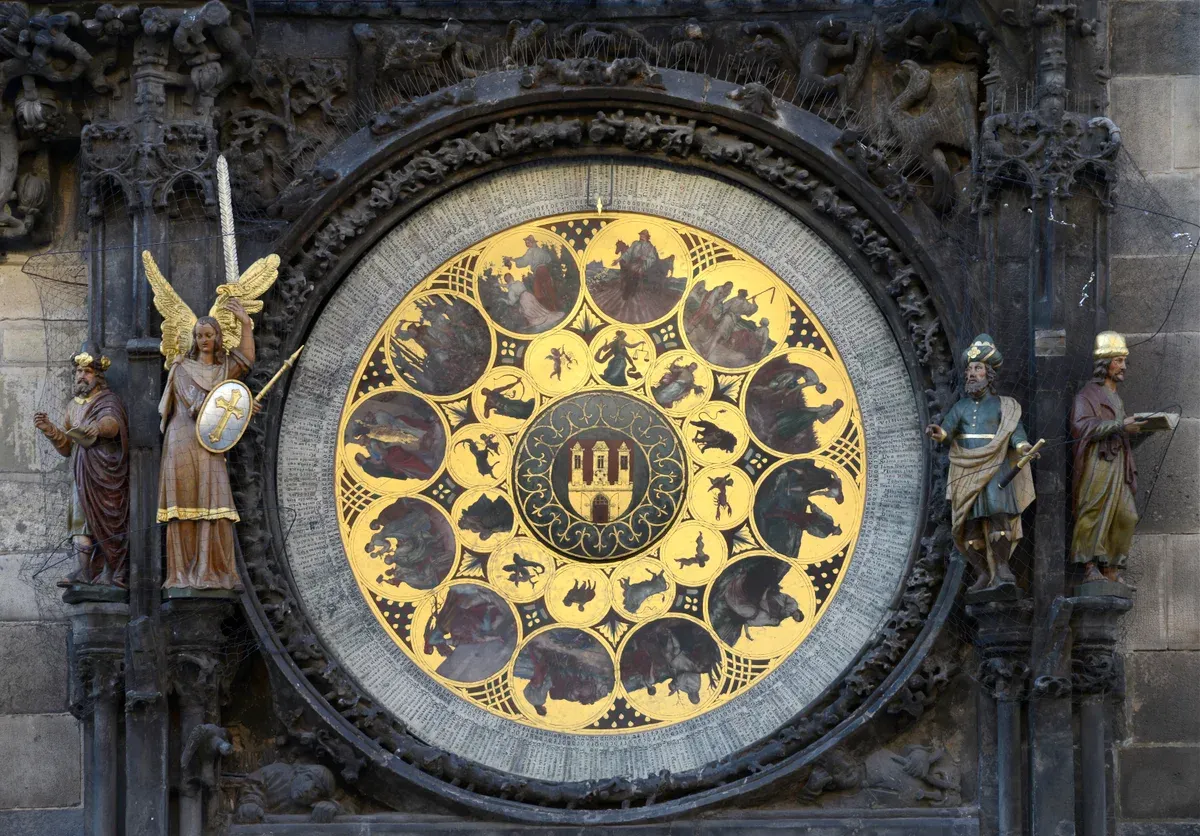The calendar dial of the Prague Astronomical Clock with its zodiac and monthly medallions