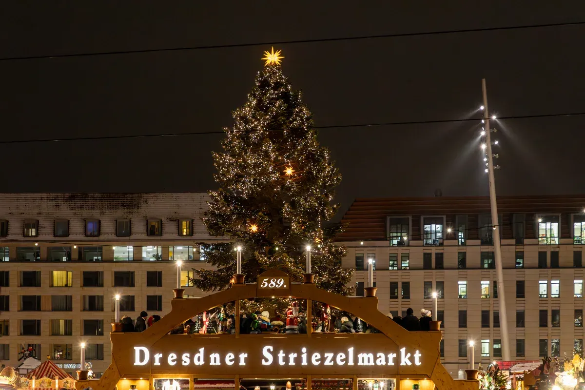Dresdner Striezelmarkt entrance sign and big Christmas tree lit at night