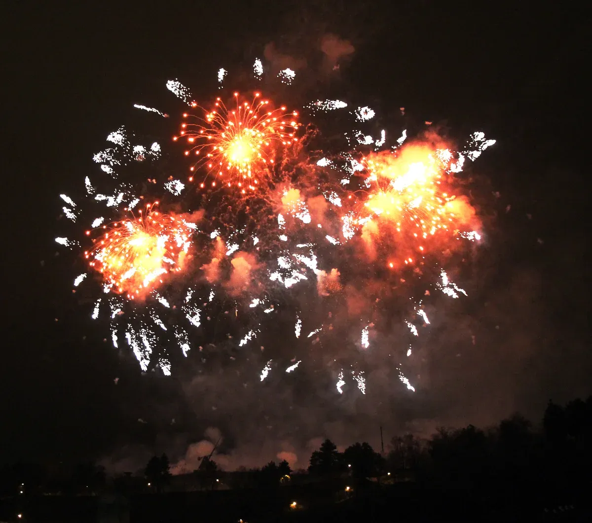 New Year fireworks bursting above the Vltava riverbank on Prague New Year's Eve